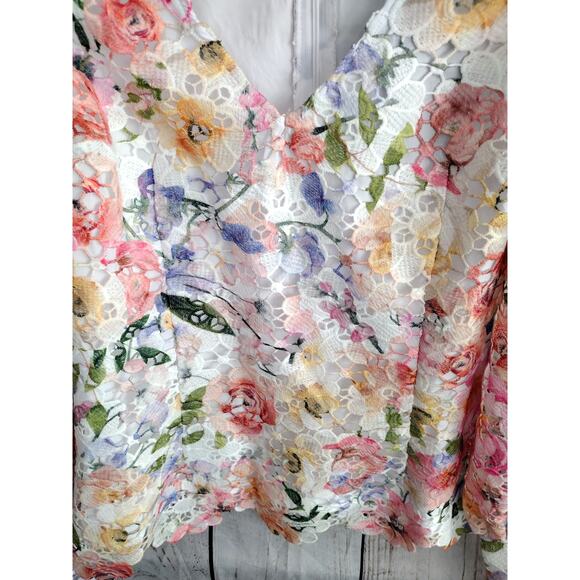 Boston Proper NEW Garden Floral Lace Fitted Bodice Puff Slv V-Neck Blouse Medium - Picture 6 of 15
